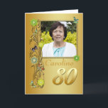 Golden Garden 80th Photo Carte Anniversaire<br><div class="desc">Un jardin doré aux fleurs ornées de bijoux et aux papillons qui s'envoûtent. Ajoutez une image pour créer une carte d'anniversaire personnelle.      Cette carte est imprimée. Copyright Norma Cornes.</div>