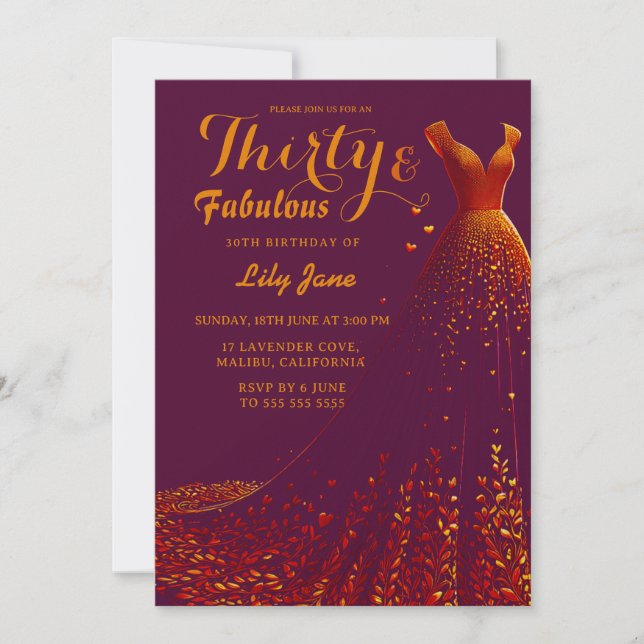 Golden Gown Glam 30th Birthday Invitation (Devant)