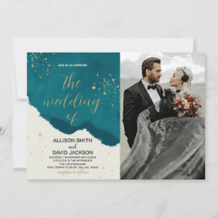 Golden Green Art Wedding Invitations avec photo