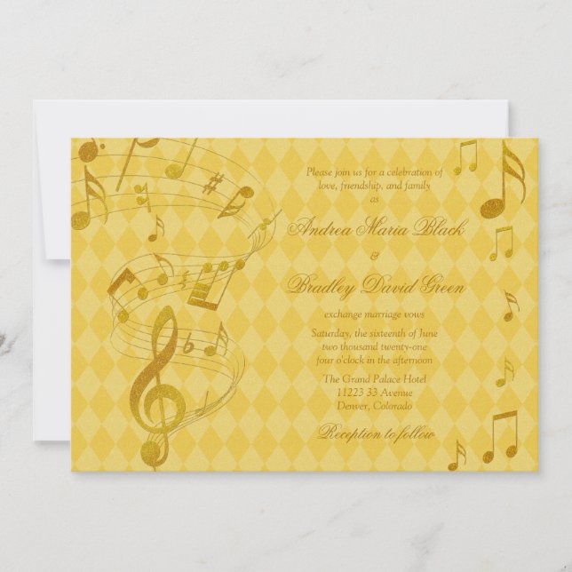 Golden Harlequin Music Notes Faire-part de mariage (Devant)