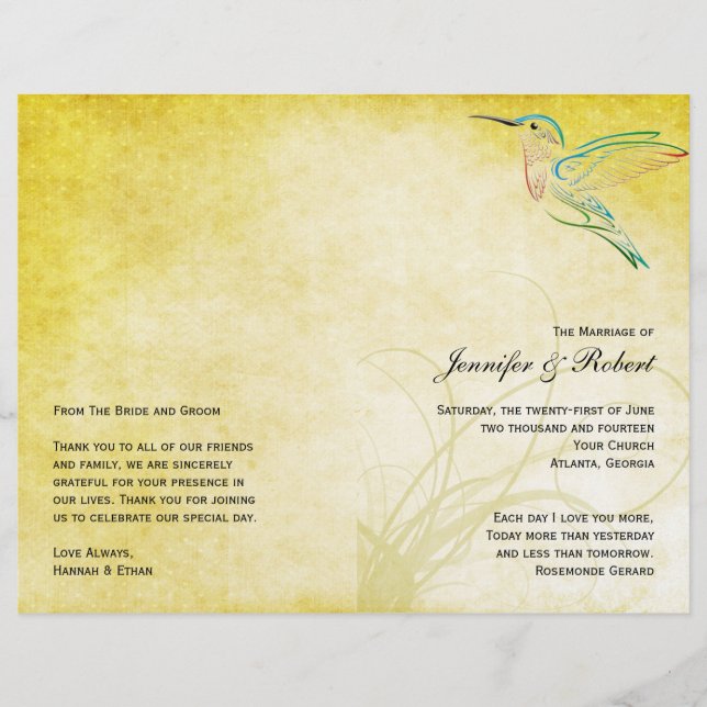 Golden Hummingbird Watercolor Wedding Programme (Devant)