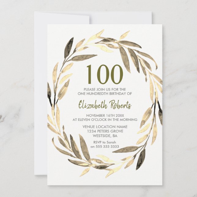 Golden Leaf Wreath 100th Birthday Party Invitation (Devant)