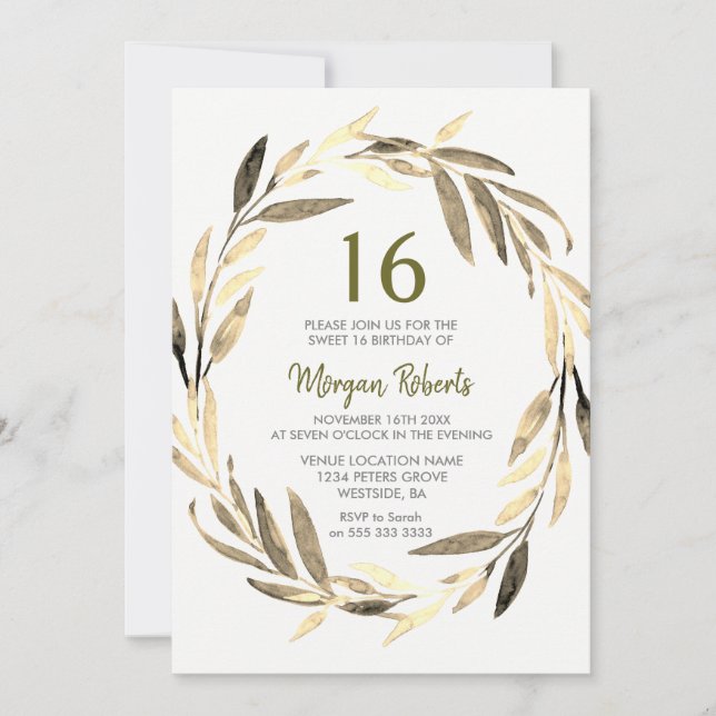 Golden Leaf Wreath 16th Birthday Party Invitation (Devant)