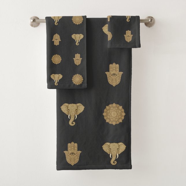 Golden Mandala Elephant Hamsa Hand -Boho Art Print (En situation)