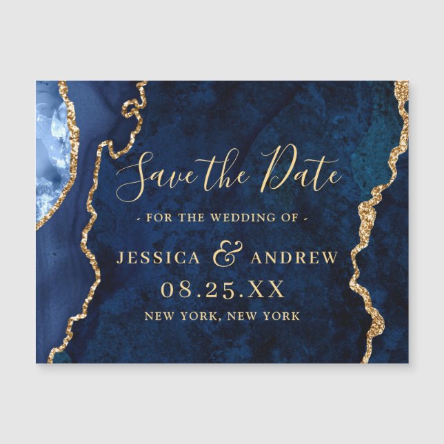 Golden Navy Blue Agate Enregistrer la date Carte m (Devant)