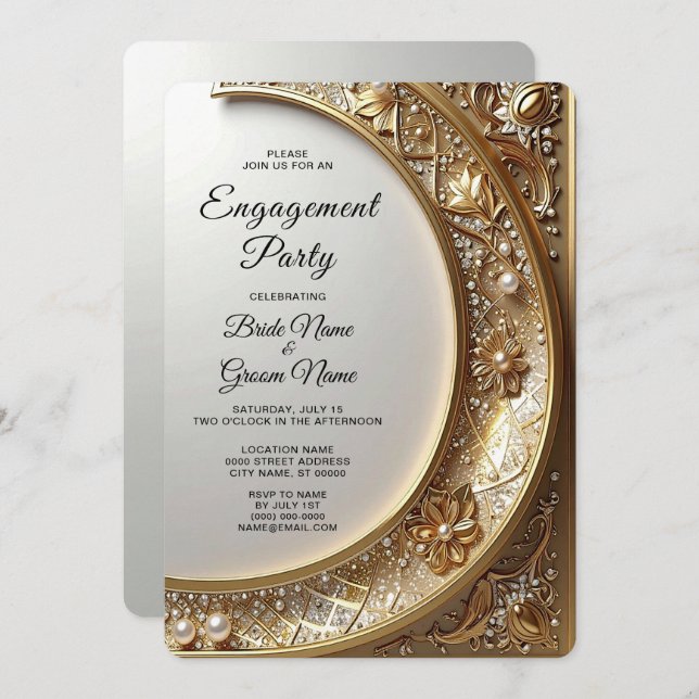 Golden Ornate Frame Engagement Invitation (Devant / Derrière)