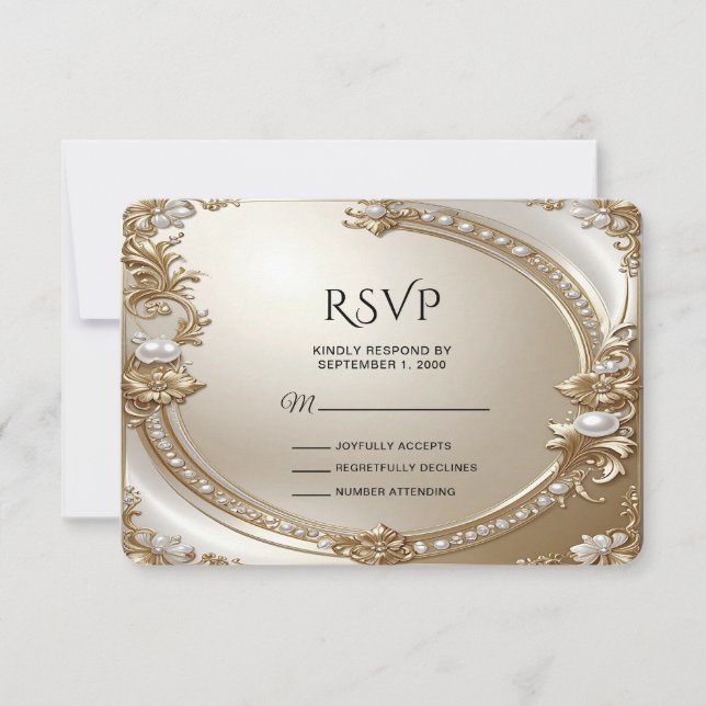 Golden Ornate Frame with Pearls RSVP Card (Devant)