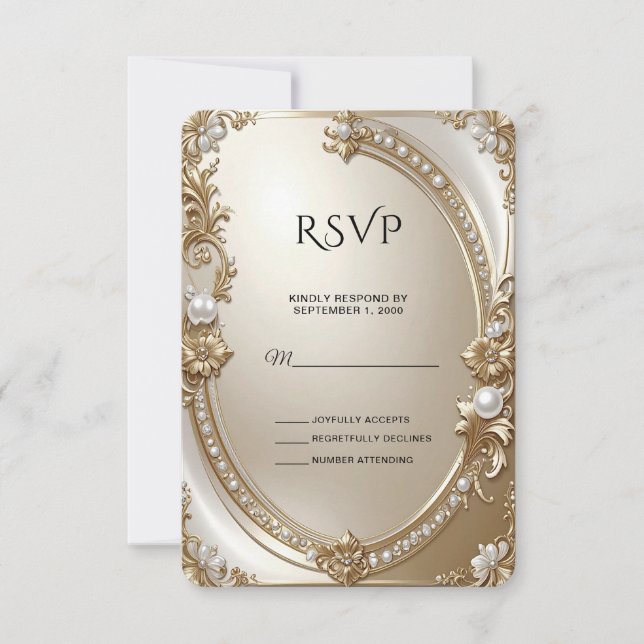 Golden Ornate Frame with Pearls RSVP Card (Devant)