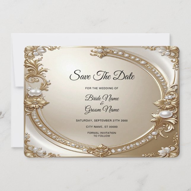 Golden Ornate Frame with Pearls Save The Date (Devant)
