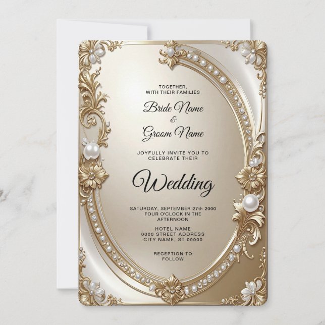 Golden Ornate Frame with Pearls Wedding Invitation (Devant)