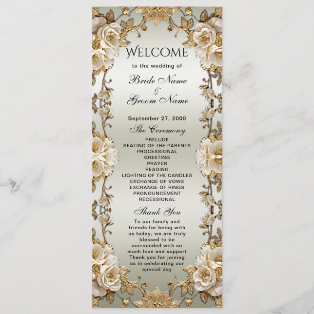 Golden Ornate White Flowers Programme de mariage (Devant)