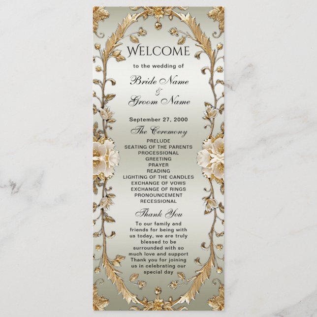 Golden Ornate White Flowers Programme de mariage (Devant)