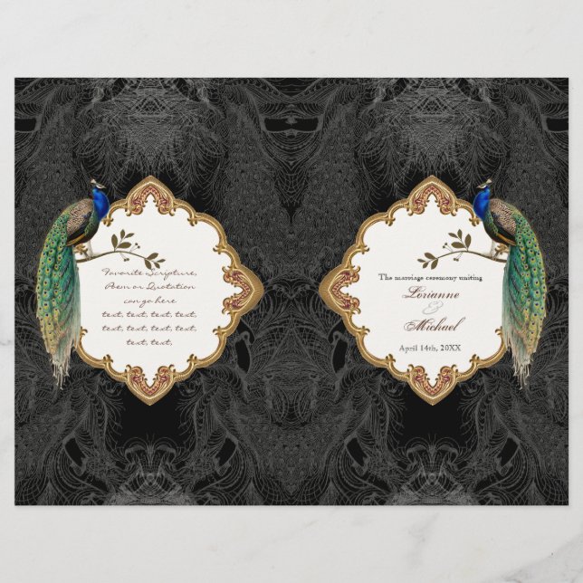 Golden Peacock & Calligraphy Swirl Wedding Program (Devant)