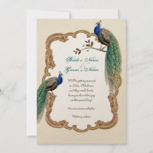 Golden Peacock & Calligraphy Swirls Invitation