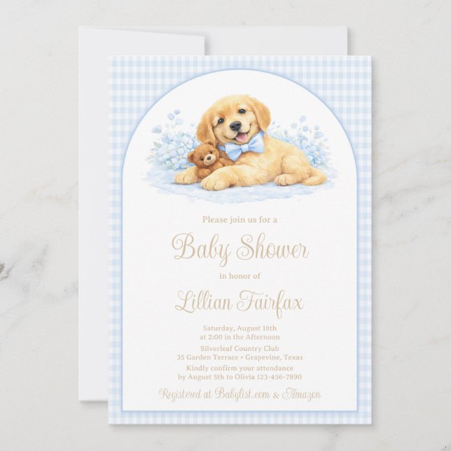 Golden Puppy Baby Shower Invitation for Boy – Blue (Devant)