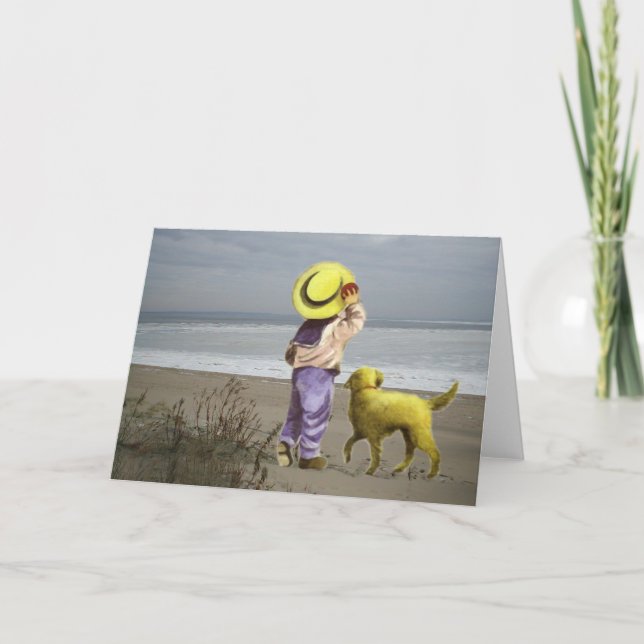 Golden Retriever Little Boy On Beach Carte de voeu (Devant)
