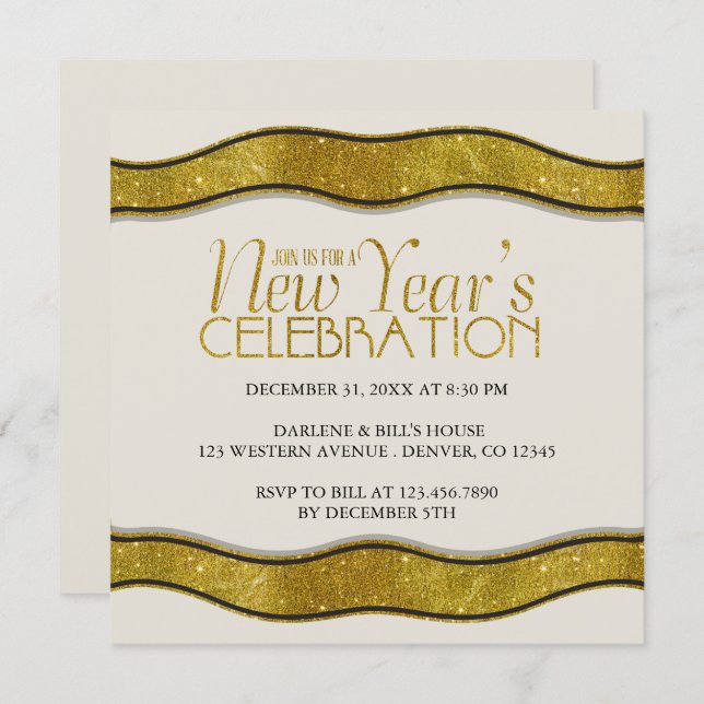 Golden Ribbon New Years Party Invitation (Devant / Derrière)
