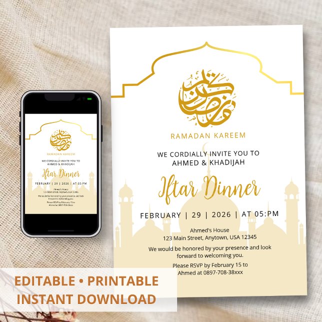 Golden Silhouette Mosque Ramadan Iftar Invitation (Créateur téléchargé)