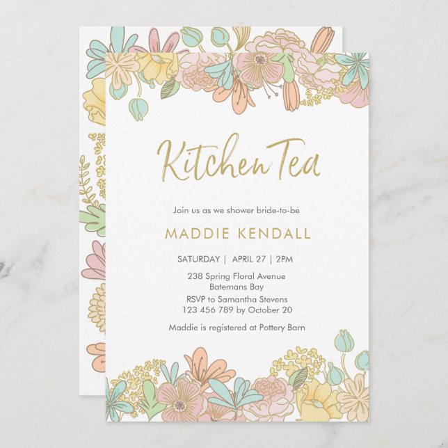 Golden Spring floral Cuisine Tea Party Invitation (Devant / Derrière)