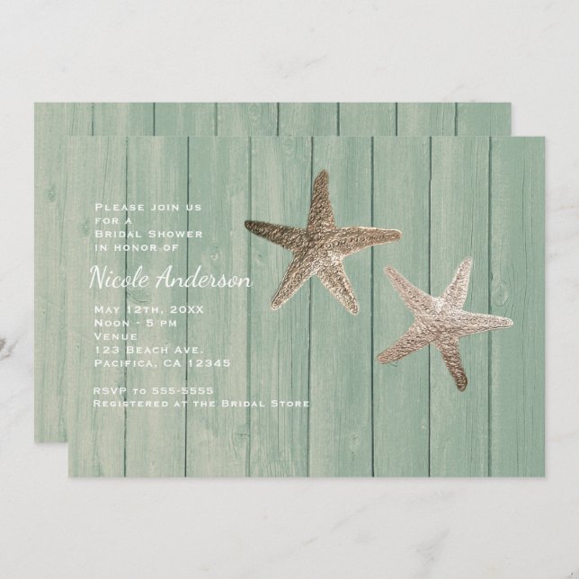 Golden Starfish & Wood Elegant Beach Invitations (Devant / Derrière)