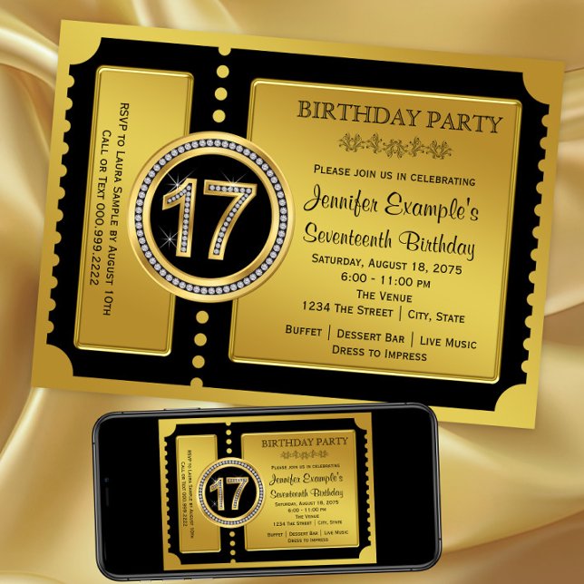 Golden Ticket 17th Birthday Party Invitation (17th birthday party invitation. Available in digital download and printed invitations.)