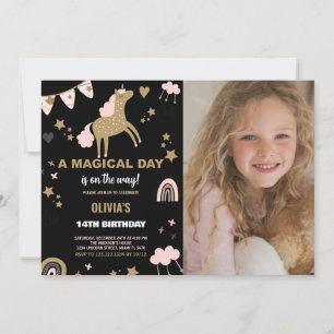 Golden Unicorn Anniversaire Invitations avec photo
