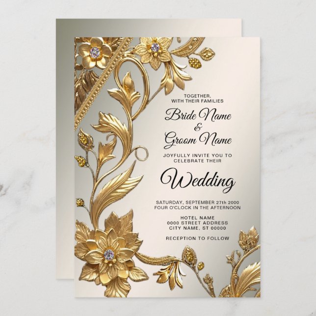 Golden Wavy Feuille Floral Faire-part de mariage (Devant / Derrière)