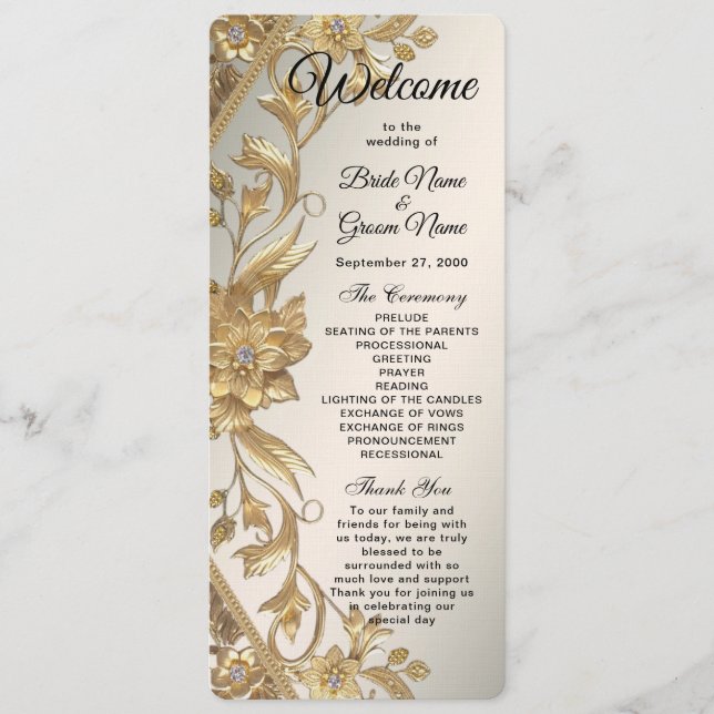 Golden Wavy Feuille Floral Wedding Programme (Devant)