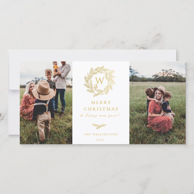 Golden Wreath Monogram Holiday 2 Carte photo (Devant)