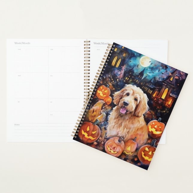 Goldendoodle Halloween avec citrouilles effrayante (Devant avec enveloppe)