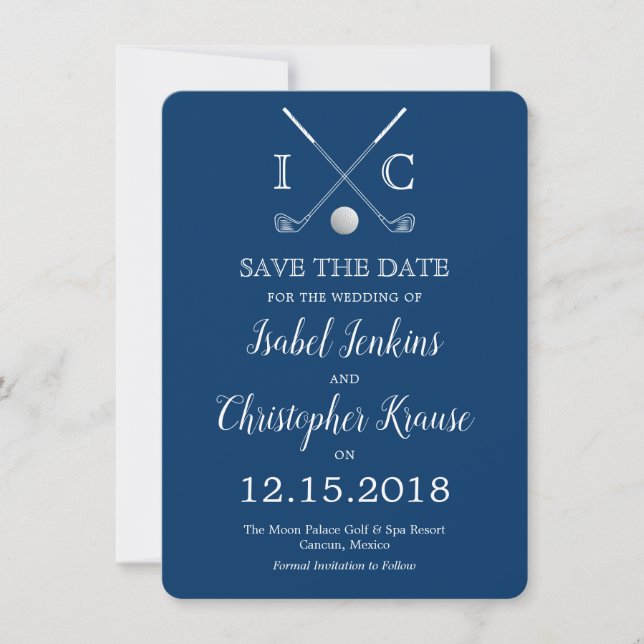 Golf Clubs Monogramme Bleu Faire-Part de Mariage " (Devant)
