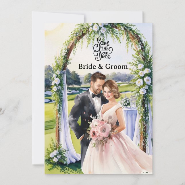 Golf Wedding Invitation card with bride and groom (Devant)