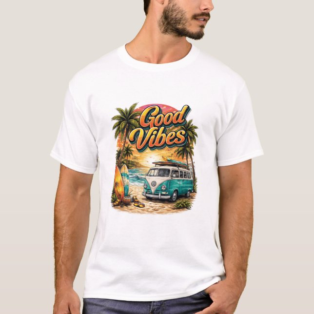 Good Vibes Retro Beach Van T-Shirt | Summer Surf  (Devant)