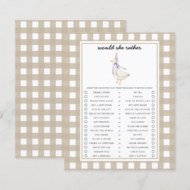 Goose Voudrait-Elle Plutôt Baby shower Jeu (Devant / Derrière)