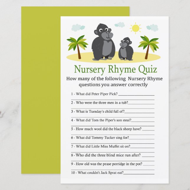 Gorilla Nursery Rhyme Quiz jeu de baby shower (Devant / Derrière)