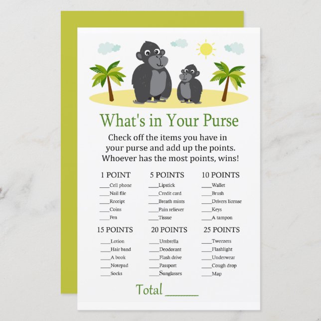 Gorilla Qu'y a-t-il dans votre baby shower de jeu  (Devant / Derrière)