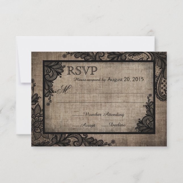 Goth Black Lace Russe Burlap Carte RSVP (Devant)