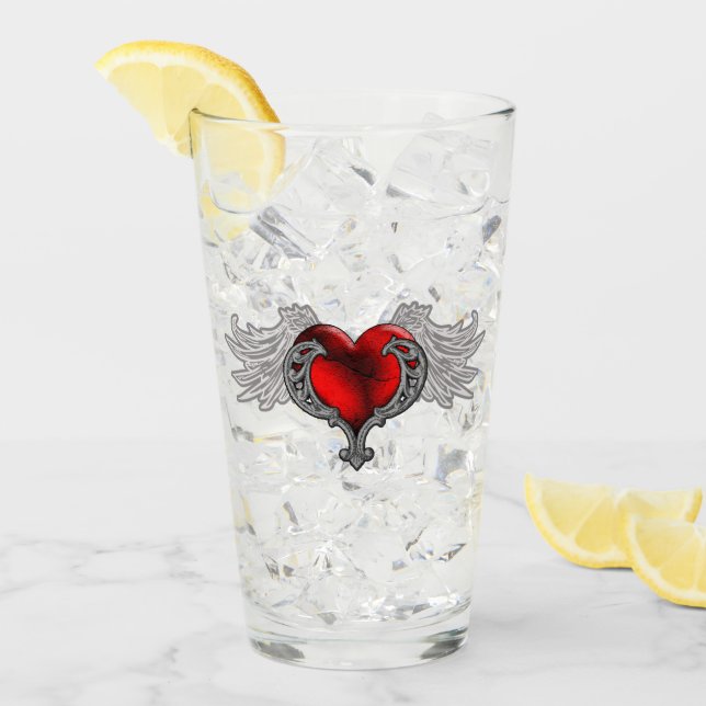 Goth Coeur rouge avec Angel Wings Coupe en verre (Devant glace)