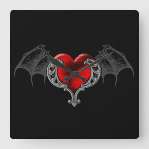 Goth Heart avec Bat Wings Horloge murale