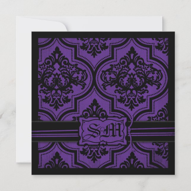 Goth Purple Black Mariage damassé Invitations (Devant)