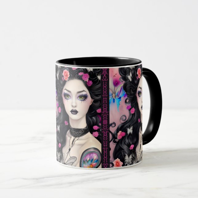 Goth stylish tatouage fille Mug noir et rose (Devant droit)