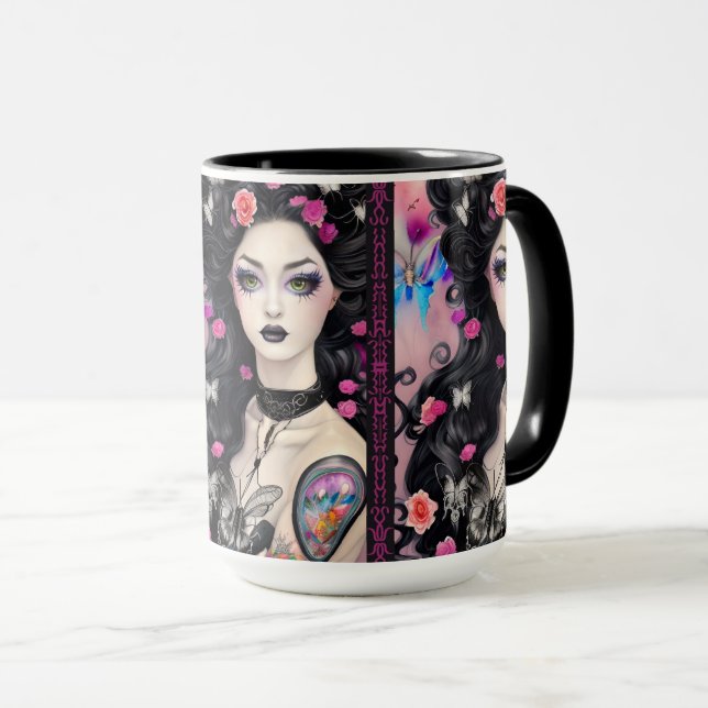 Goth stylish tatouage fille Mug noir et rose (Devant droit)