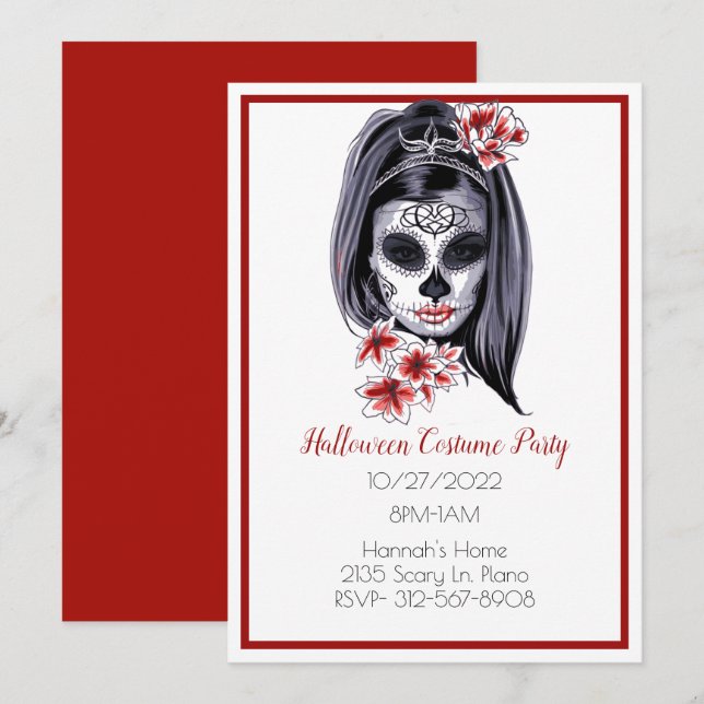 Goth Sugar Skull Girl Halloween Invitation (Devant / Derrière)