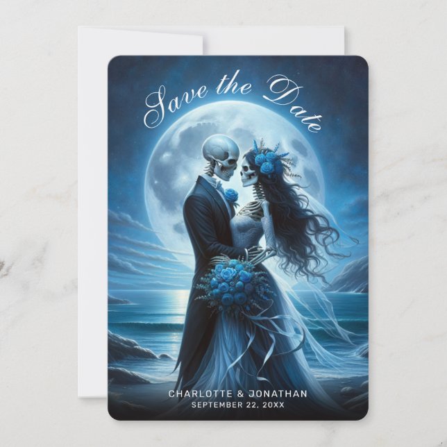 Gothic Blue Skeleton Couple Wedding Save the Date (Devant)