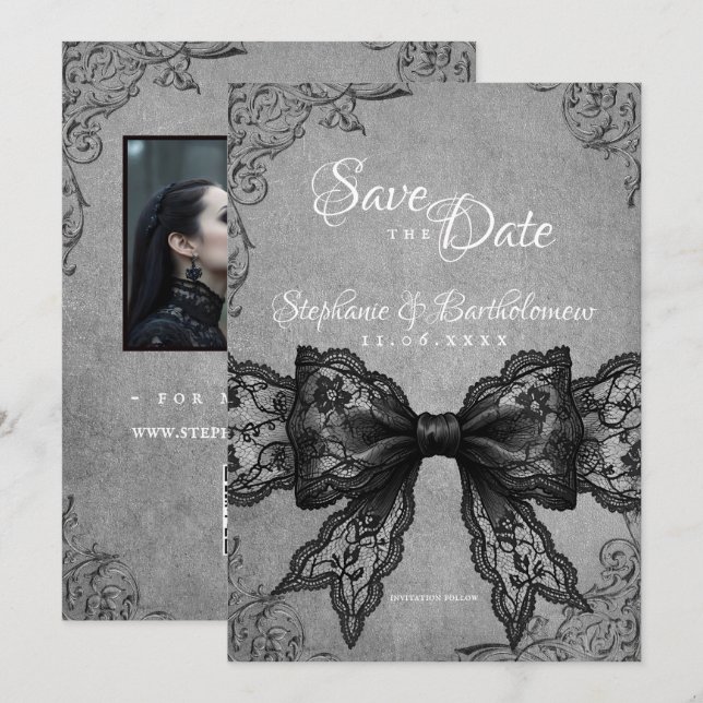 Gothic Coquette Black Lace Bow Photo Save The Date (Devant / Derrière)