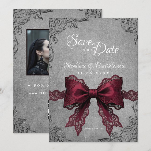 Gothic Coquette Burgundy Bow Photo Save The Date (Devant / Derrière)