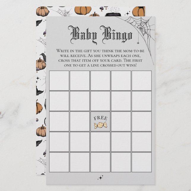 Gothic Grey Bingo Baby shower Jeu (Devant / Derrière)