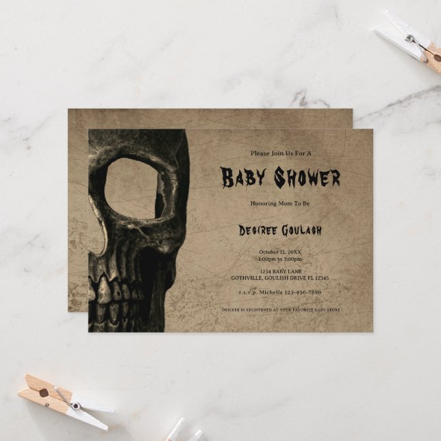 Gothic Half Skull Black Baby Shower Invitation (Devant/Arrière en situation)