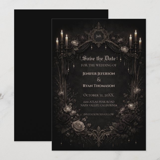 Gothic halloween wedding save the date invitation (Devant / Derrière)
