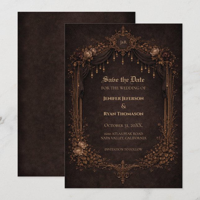 Gothic halloween wedding save the date invitation (Devant / Derrière)